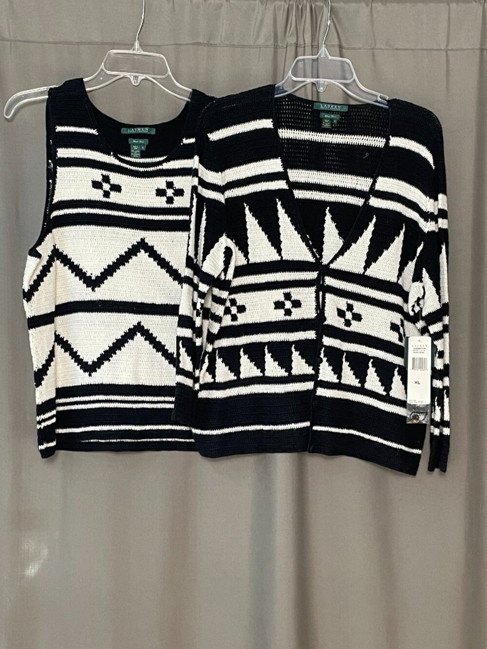 NWT Lauren Ralph Lauren Sevilla Black Pearl Geometric Cardigan Shell Twin Set XL